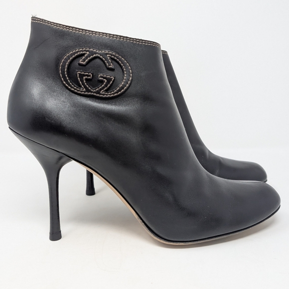 Gucci Logo GG Interlocking G Black Leather Ankle Boots Size 10 - Picture 1 of 15